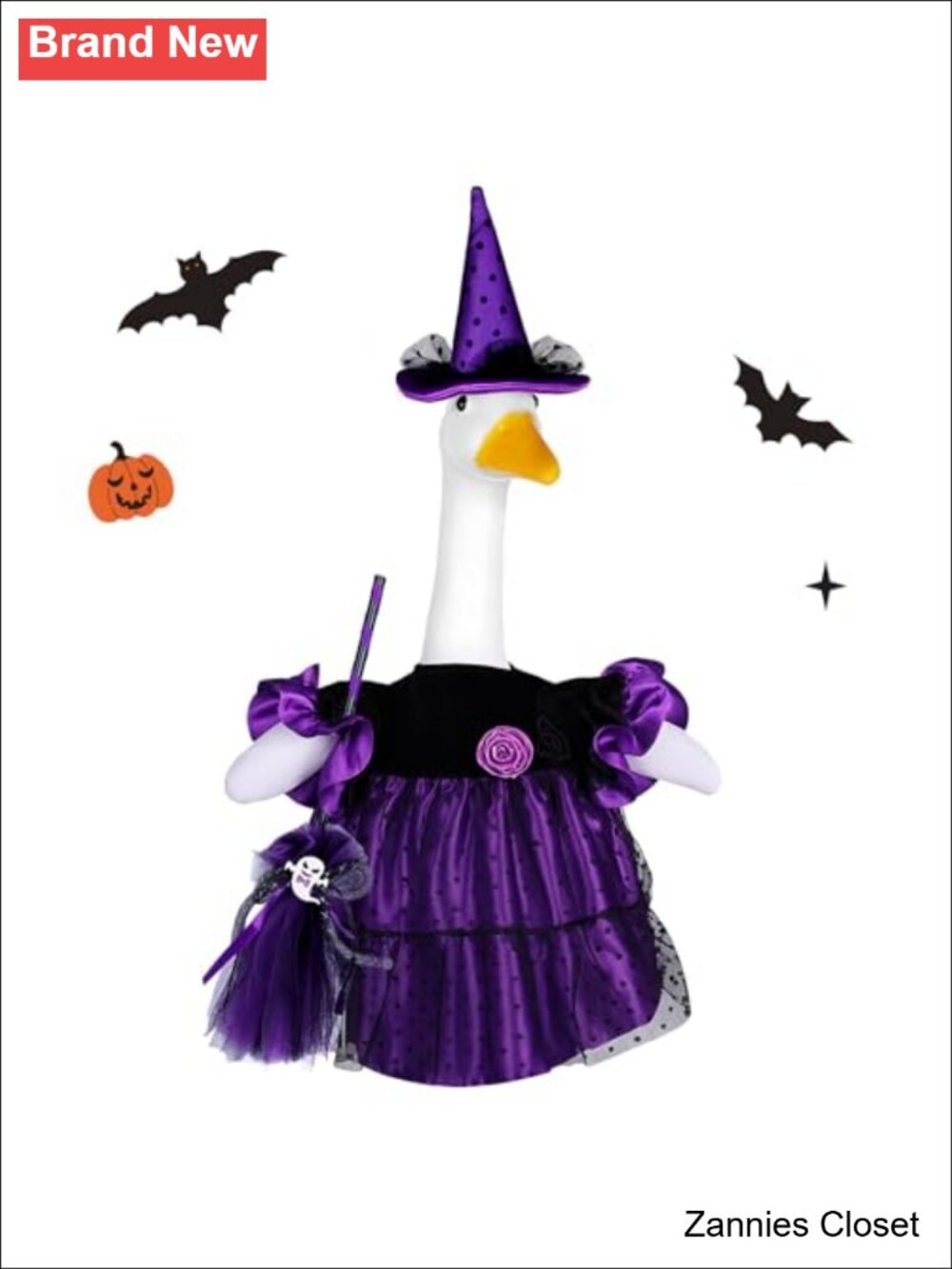 👻 Witch Halloween Goose Outfit Velvet Porch Decor 23in Purple Hat Broom